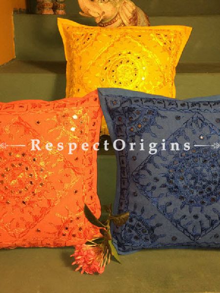 Buy Brilliant Square Cotton Cushion Covers Set of 3; Rajasthani Embroidery With Mirror Work; 16x16 in; Yellow Orange Dark Blue At RespectOrigins.com