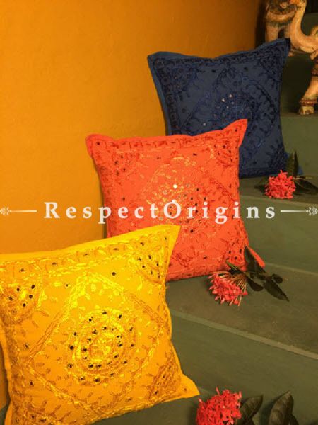 Buy Brilliant Square Cotton Cushion Covers Set of 3; Rajasthani Embroidery With Mirror Work; 16x16 in; Yellow Orange Dark Blue At RespectOrigins.com