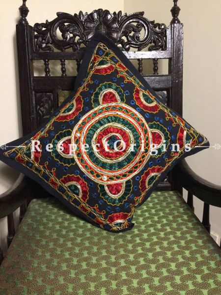 Buy Square Cotton Cushion Cover; Set of 3; Rajasthani Embroidery With Mirror Work; 17x17 in; Multicolor At RespectOrigins.com