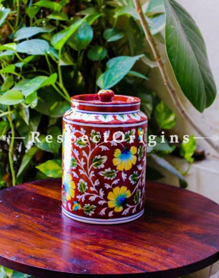 Buy Ceramic Pottery Spice Jar or Container or Canister in Red With Yellow and Blue Floral Design; Handcrafted Jaipuri Blue Pottery; Chemical Free At RespectOrigins.com