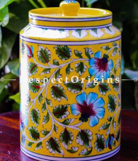 Buy Spice Jar or Canister in Yellow With Blue Floral Design; Handcrafted Jaipuri Blue Pottery; Chemical Free At RespectOrigins.com