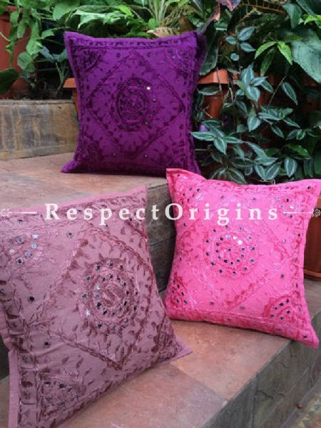 Buy Purple Rain! Square Cotton Rajasthani Embroidery Mirror Work Cushion Cover 16x16 in At RespectOrigins.com