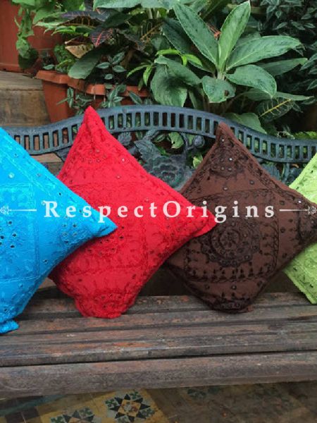 Buy Pop-of-Color! Hand-embroidered With Mirror Work; Set of 4 Square Cotton Cushion Covers 16x16 in; Blue Red Brown Lime Green! At RespectOrigins.com
