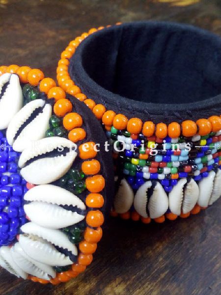 orange, blue and black Jewellery Box With Beads and Sea Shells; Ladakhi Beaded Container; RespectOrigins.com
