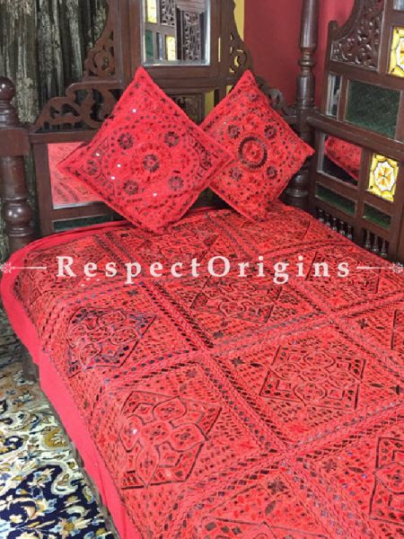 Buy Red Grandeur in Mirror work; Cotton Single Bed Cover; 2 Cushion Cover included; 56x85 in At RespectOrigins.com