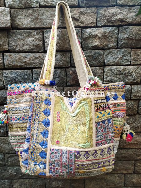 Chic Boho Vintage Tribal Thick Cotton Hand Bags with Pom Poms; 12 x 8 Inches; RespectOrigins.com