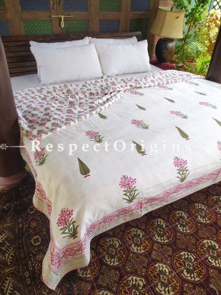 White Reversible Seasonal Rich Cotton Quilt Dohar Bed Spread In Block Printed Floral Motifs; 110 x 90 Inches; RespectOrigins.com