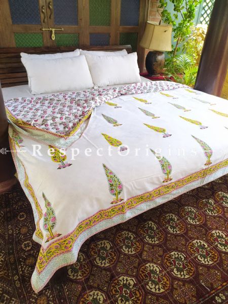 White Reversible Seasonal Rich Cotton Quilt Dohar Bed Spread In Block Printed Yellow Floral Motifs; 110 x 90 Inches; RespectOrigins.com