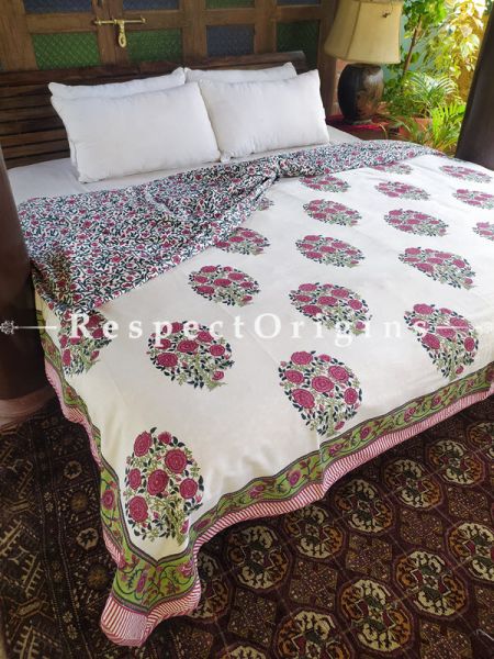 White Reversible Seasonal Rich Cotton Quilt Dohar Bed Spread In Block Printed Red Floral Motifs; 110 x 90 Inches; RespectOrigins.com