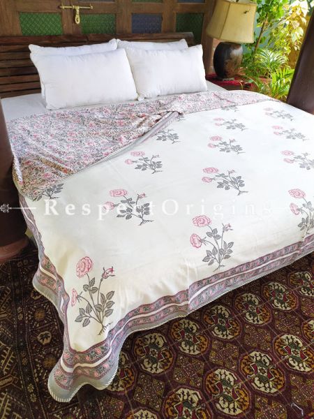 White Reversible Seasonal Rich Cotton Quilt Dohar Bed Spread In Block Printed Red Floral Motifs; 110 x 90 Inches; RespectOrigins.com