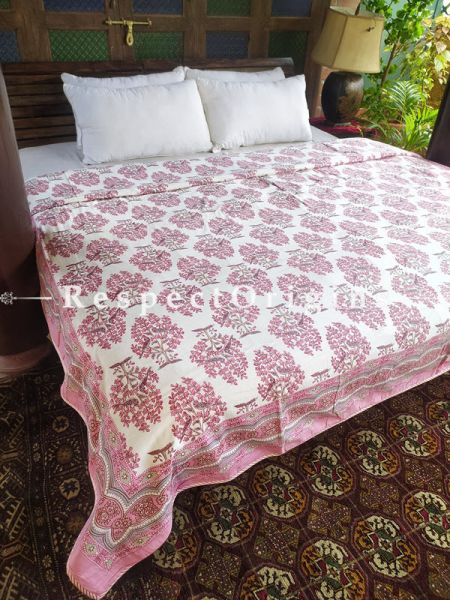 White Reversible Seasonal Rich Cotton Quilt Dohar Bed Spread In Block Printed Pink Floral Motifs; 110 x 90 Inches; RespectOrigins.com