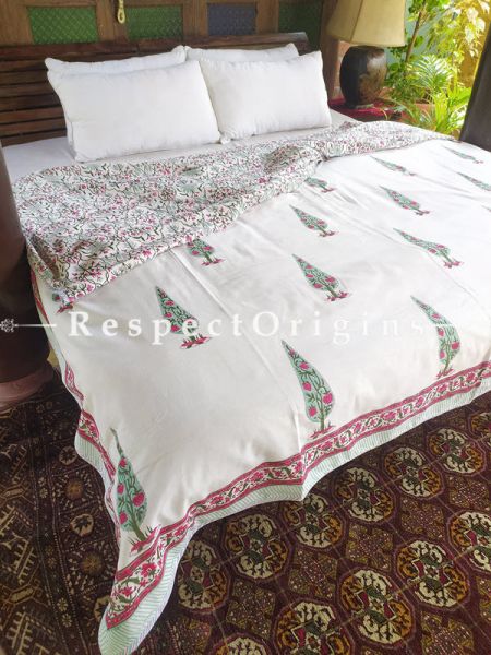 White Reversible Seasonal Rich Cotton Quilt Dohar Bed Spread In Block Printed Green Floral Motifs; 110 x 90 Inches; RespectOrigins.com