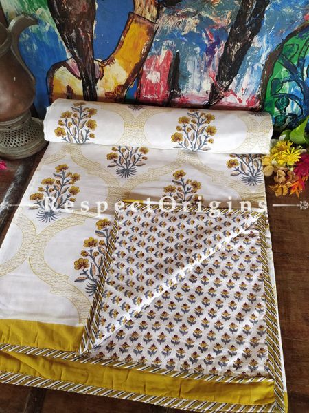 White Reversible Seasonal Rich Cotton Quilt Dohar Bed Spread In Block Printed Yellow Floral Motifs; 110 x 90 Inches; RespectOrigins.com