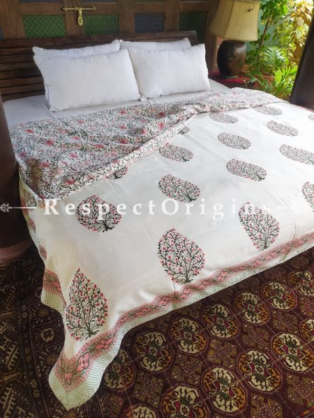 White Reversible Seasonal Rich Cotton Quilt Dohar Bed Spread In Block Printed Green Floral Motifs; 110 x 90 Inches; RespectOrigins.com