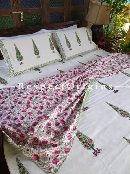 White Base Luxury Rich Cotton- filled Reversible King Doher or Blacket Bed Set; Blanket: 110 x 90 In; Sheet: 110 x 90 In; Shams: 30 x 20 In; RespectOrigins.com