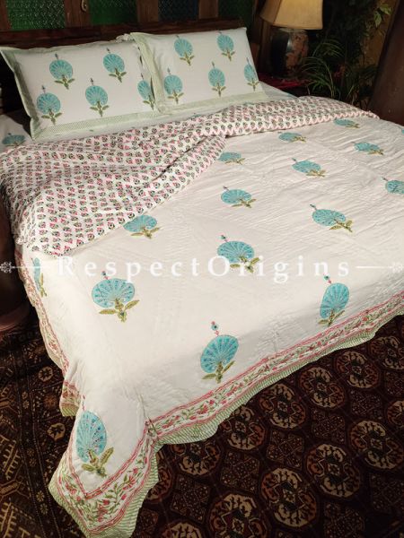 White Base Floral Design Luxury Rich Cotton- filled Reversible King Quilt Bed Set; Quilt: 105 x 90 In; Sheet: 110 x 90 In; Shams: 30 x 20 In; RespectOrigins.com