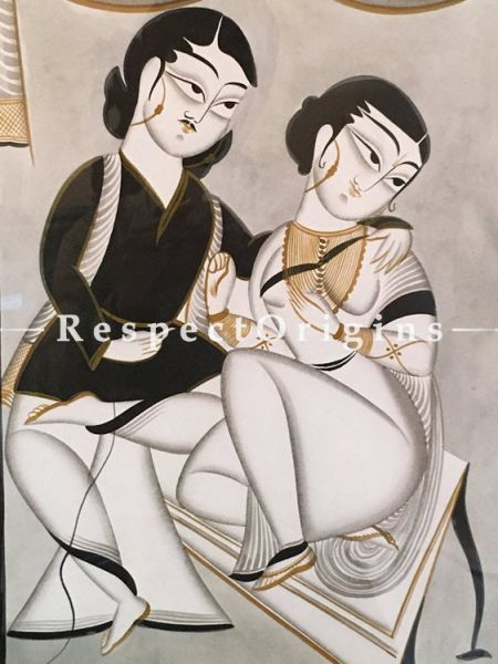 Romancing Couple; Traditional Kalighat Painting On Paper Using Natural Colour; Vertical Folk Art of Bengal; 15X22 inches; RespectOrigins