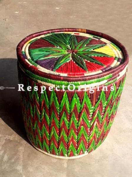 Handwoven Green Multi-Utility Moonj Grass Storage Basket With Lid; Zig Zag Design; Eco-friendly; Natural Fibre; 14X16 inches; RespectOrigins