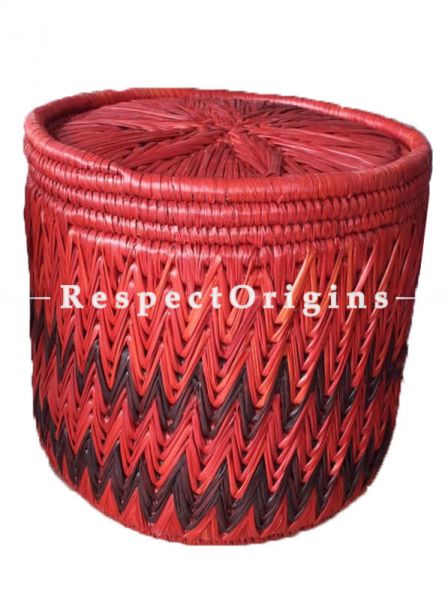 Handwoven Maroon Moonj Grass Storage Basket With Lid; Black Zig Zag Design; Eco-friendly; Natural Fibre; RespectOrigins