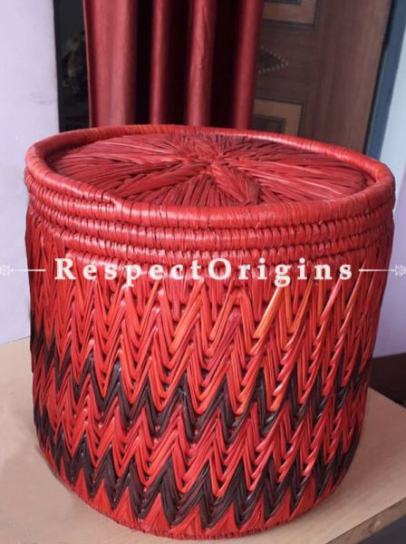 Handwoven Maroon Moonj Grass Storage Basket With Lid; Black Zig Zag Design; Eco-friendly; Natural Fibre; RespectOrigins