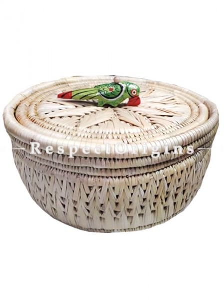 Stunning Handwoven Beige Moonj Grass Eco-friendly Round Bread or Fruit Basket With Lid and Wooden Bird Handle; RespectOrigins
