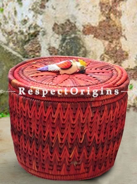 Handwoven Maroon Moonj Grass Storage Basket With Lid; Zig Zag Design; Eco-friendly; Natural Fibre; RespectOrigins
