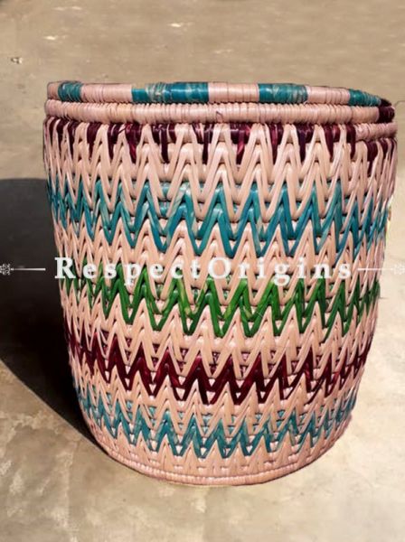 Handwoven Multi-Utility Moonj Grass Storage Basket With Lid; Multi-Color Zig Zag Design; Eco-friendly; Natural Fibre; RespectOrigins