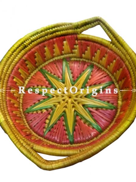 Beautiful Handwoven Yellow Base With Red & Green Moonj Grass Eco-friendly Round Bread or Fruit Basket With Handle; RespectOrigins