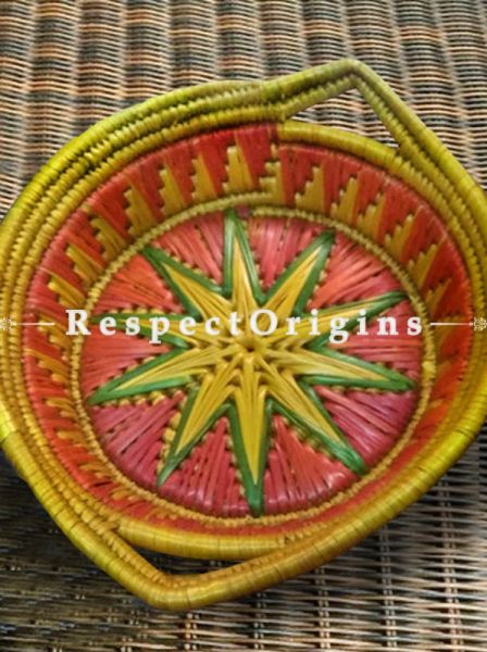 Beautiful Handwoven Yellow Base With Red & Green Moonj Grass Eco-friendly Round Bread or Fruit Basket With Handle; RespectOrigins