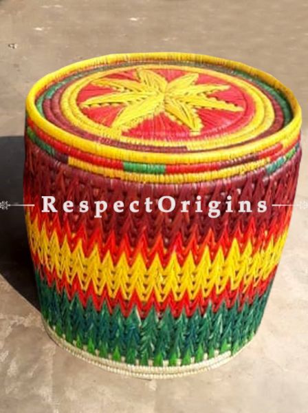 Multi-Utility Hand Woven Moonj Grass Storage Basket With Lid; Zig Zag Designin Yellow