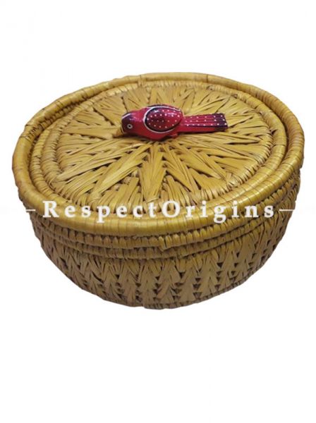 Stunning Handwoven Yellow Moonj Grass Eco-friendly Round Bread or Fruit Basket With Lid and Wooden Bird Handle; RespectOrigins