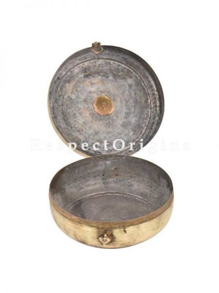 Buy Vintage Round Roti or Spice Collectable Box With Sun Carved Design On Lid With Latch And Handle, Brass At RespectOrigins.com