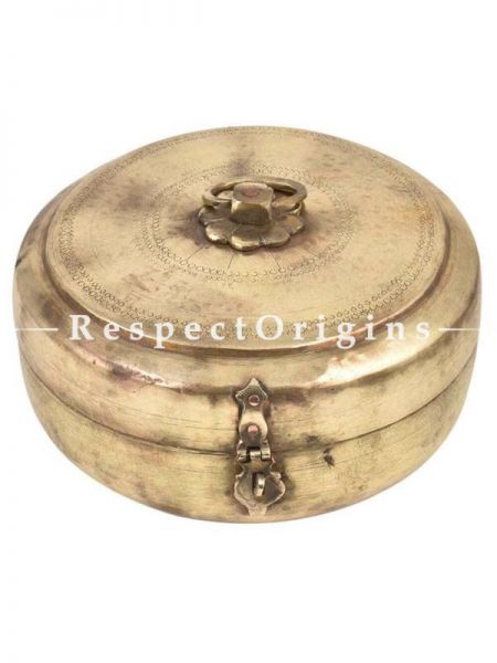 Buy Vintage Round Roti or Spice Collectable Box With Sun Carved Design On Lid With Latch And Handle, Brass At RespectOrigins.com