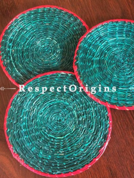 Handwoven Eco-friendly Blue Sabai Grass with Red Border Place Mats- Set of 3; RespectOrigins.com