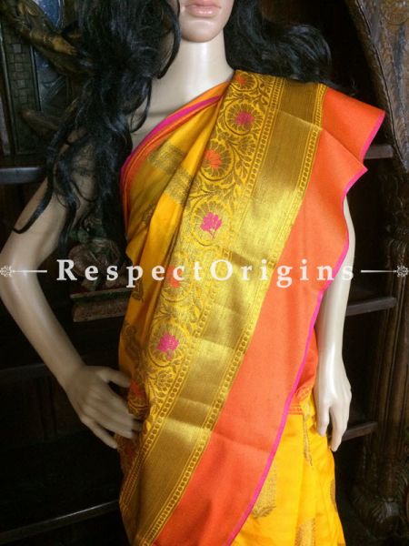 Yellow-Orange Handwoven Banarasi Cotton Silk Saree; Zari Border & Butis; RespectOrigins.com