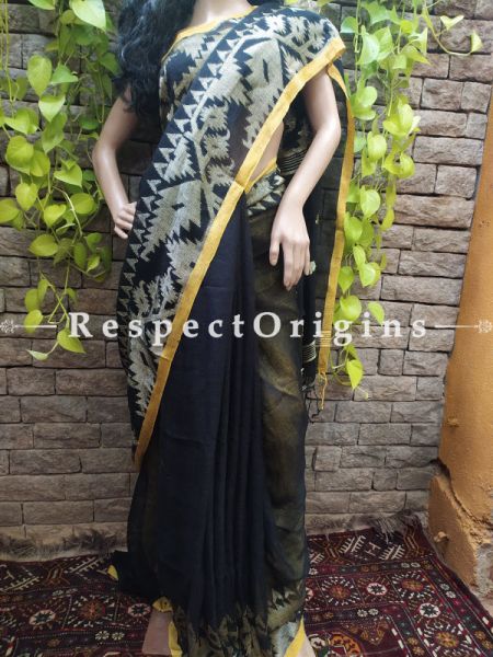 Handloom Linen Saree- Black with Yellow Border At RespectOrigins.com