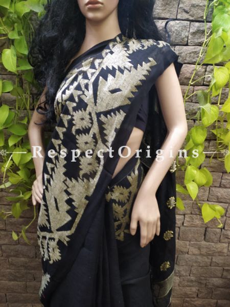 Handloom Linen Saree- Black with Black Border At RespectOrigins.com