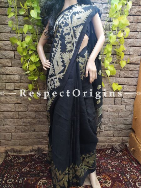 Handloom Linen Saree- Black with Black Border At RespectOrigins.com