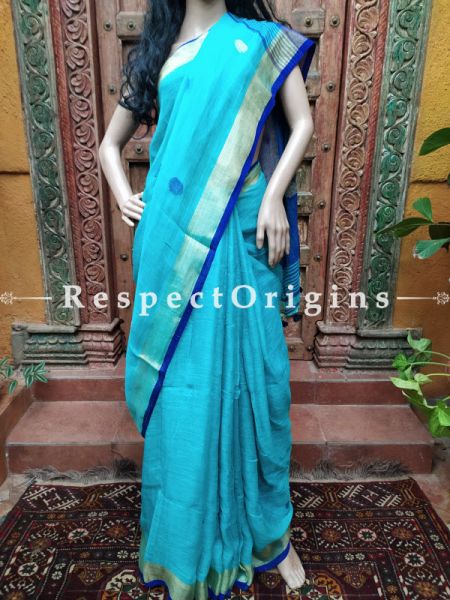 Handloom Linen Saree- Blue with Dark Blue Border At RespectOrigins.com