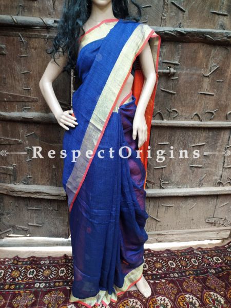 Handloom Linen Saree- Blue with Orange Border At RespectOrigins.com