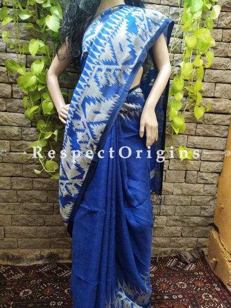 Handloom Linen Saree- Blue with White Border At RespectOrigins.com