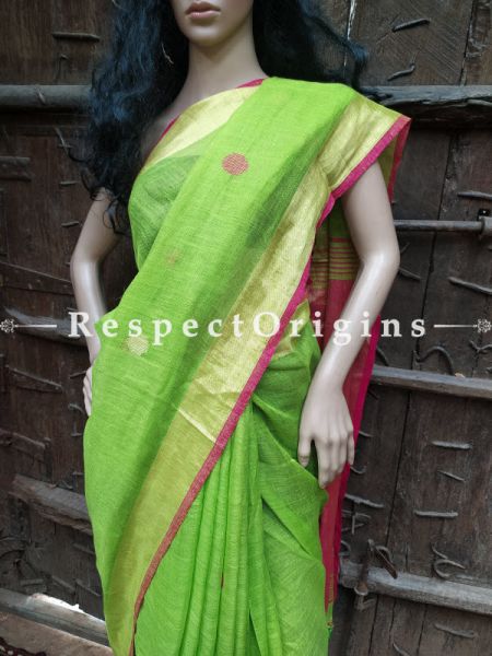 Handloom Linen Saree- Green with Pink Border At RespectOrigins.com