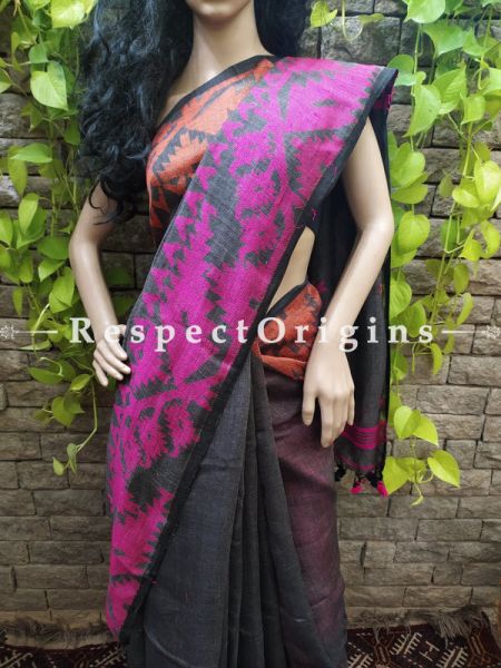 Handloom Linen Saree- Grey with Pink Border At RespectOrigins.com