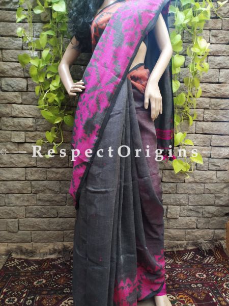 Handloom Linen Saree- Grey with Pink Border At RespectOrigins.com