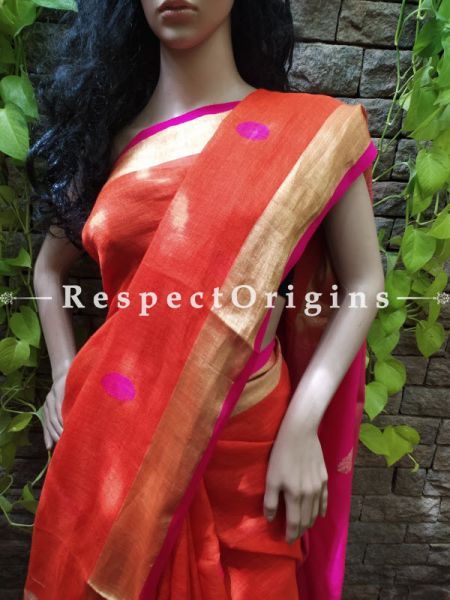 Handloom Linen Saree- Orange with Pink Border At RespectOrigins.com