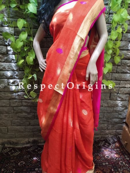 Handloom Linen Saree- Orange with Pink Border At RespectOrigins.com