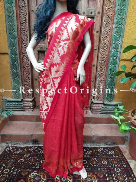 Handloom Linen Saree- Red with Red Border At RespectOrigins.com