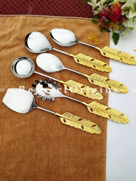 Designer Handcrafted Steel Serve-ware Set of 6 with Metallic Brass Earthy Handles for Dining; 11 Inches; RespectOrigins.com