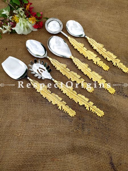 Gorgeous Handcrafted Designer Serveware Spoons Set of 6 ;Earthy Brass with Gold Coated Handles; Boxed Gift Set; 11 Inches; RespectOrigins.com