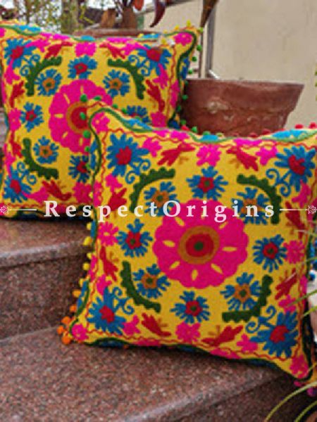 Buy Set of 2 Handmade Suzani Embroidery Square Cotton Cushion Cover With Blue, Green & Yellow Pom Pom At RespectOrigins.com